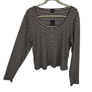 Lee Rib Knit Scoop neck Top Size 1X Navy Striped Long Sleeve Pearl Snap Details